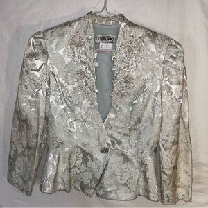 Vintage Galleria Brocade Blazer Jacket In Silver & White Floral - Size 11/12